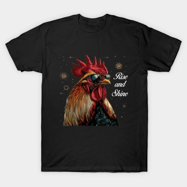 Rise and Shine - Rooster (with White Lettering) T-Shirt by VelvetRoom